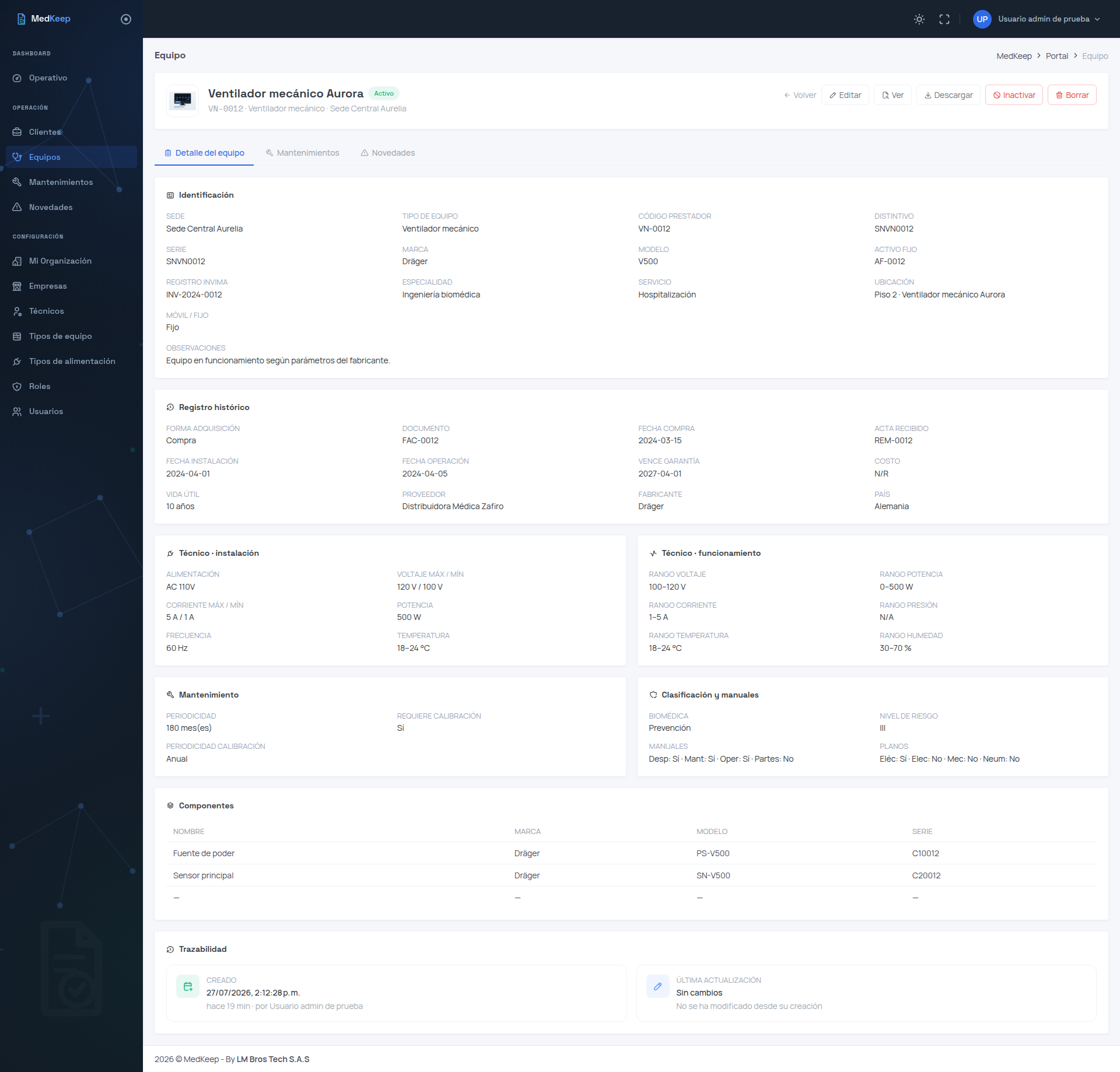 Hoja de vida de equipo biomédico en MedKeep: identificación, datos técnicos, componentes y manuales